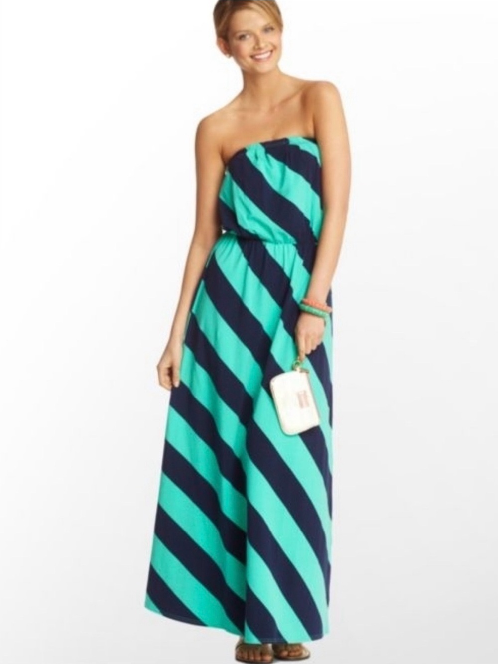 Lilly Pulitzer Strapless Navy & Turquoise Diagonal Stripe Maxi Dress